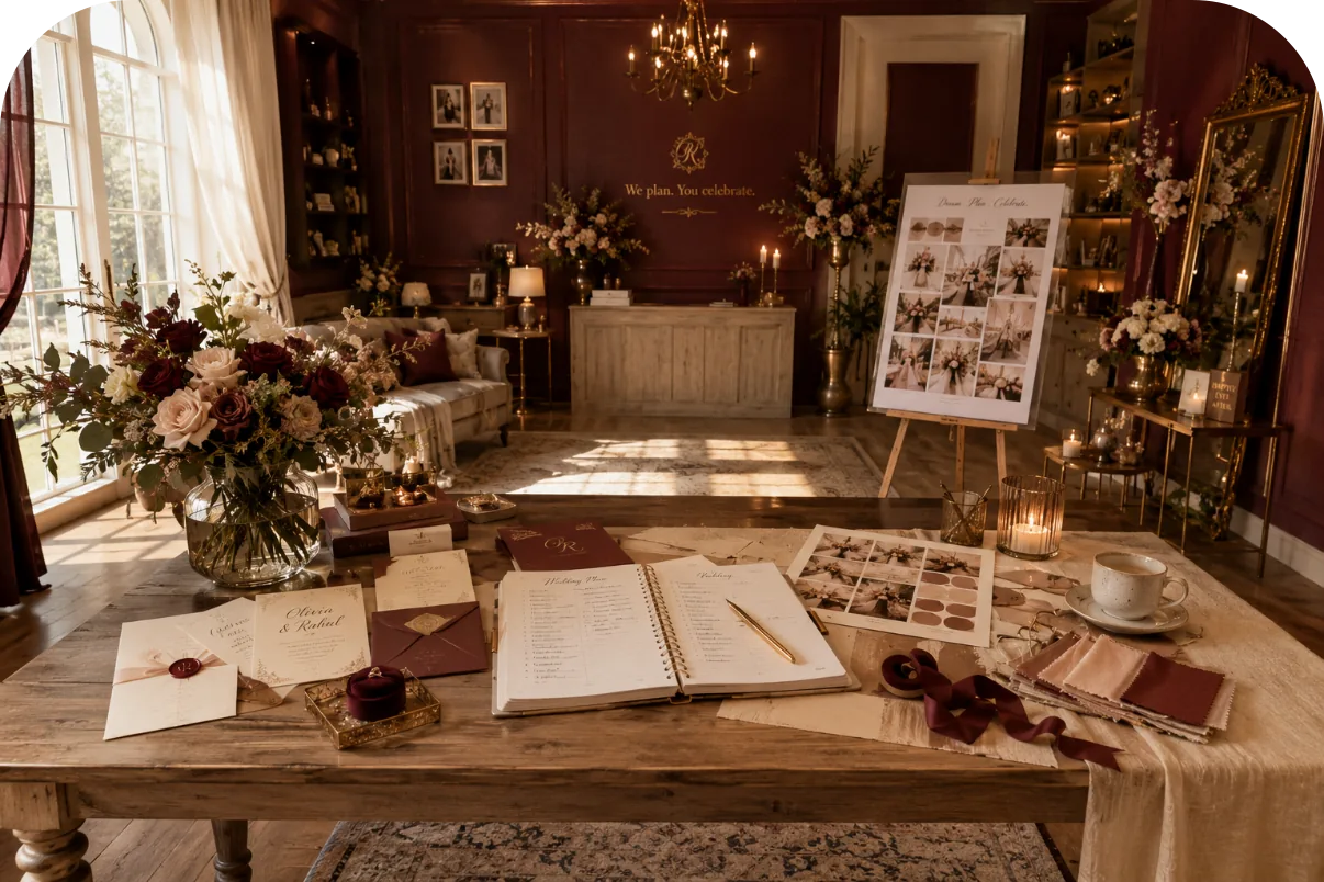 A Regalia Weddings planning table set with stationery and flowers